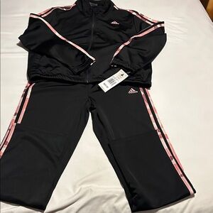 adidas Kids Black Track Jacket and Pants Set with Pink Stripe Trim